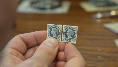 marché philatélique : une paire rare du célèbre timbre « black penny » adjugée à 105 000 euros, un record pour les passionnés et collectionneurs.